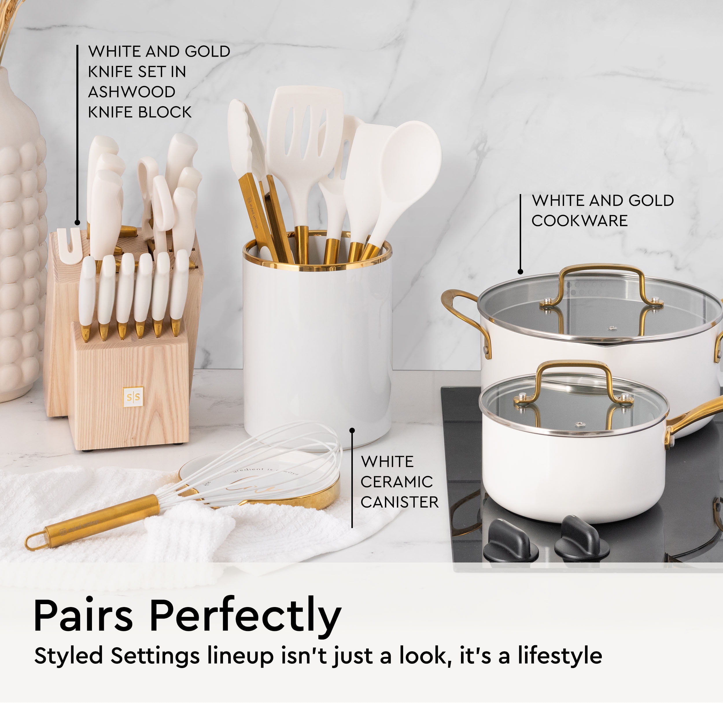 Styled Settings White Silicone and Gold Cooking Utensils Set