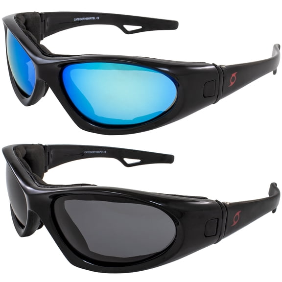 Hurricane Eyewear 2 Pairs of Category 5 Jet & Water Ski Sunglasses to Goggles Hybrid - Black Frames with Blue Mirror & Smoke Lenses