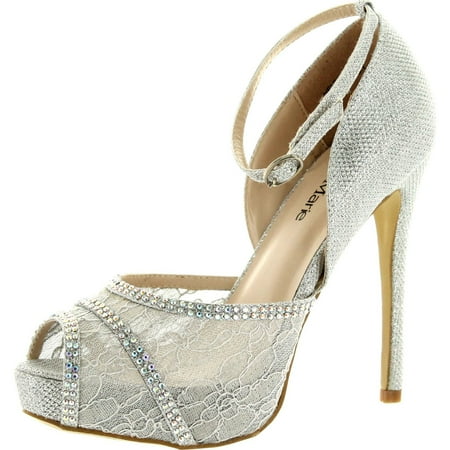 

Bella Marie Womens Helena-20 Ankle Strap Platform Peep Toe Glitter Party Dress Heels Silver 10