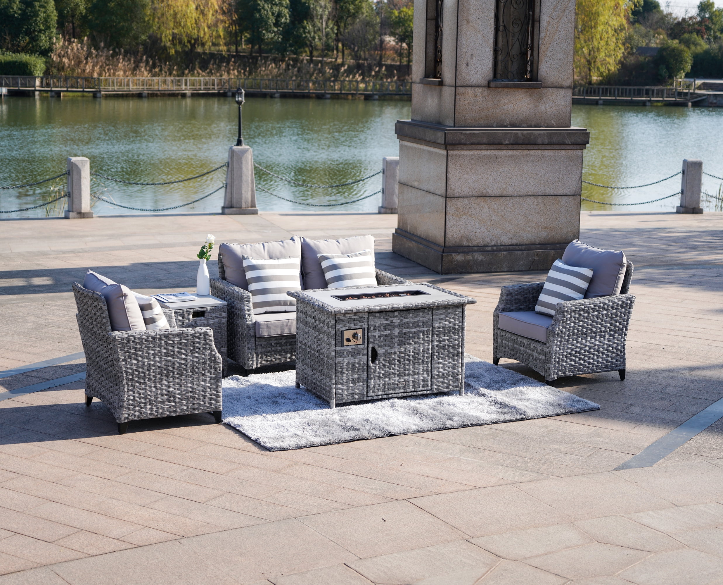 Abrihome Patio Wicker Classic Gas Fire Pit Sets for Garden in the Outdoor