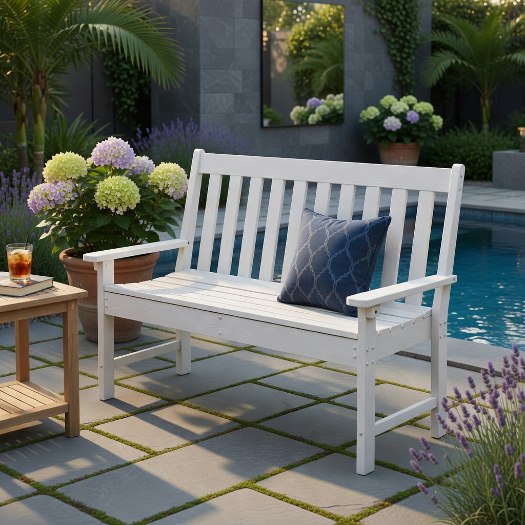 Hommoo 52" All-Weather HDPE Outdoor Bench, Weatherproof, Eco-Friendly, Heavy-Duty Patio Bench with Backrest & Armrests, White