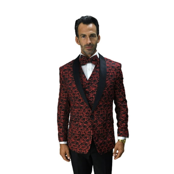 Statement Bellagio-12 Tailored 3Pc 1 Button Mens Red Tuxedo With Shawl Lapel Super 150'S Extra Fine Italian Fabric By Alberto Nardoni Brand Designer