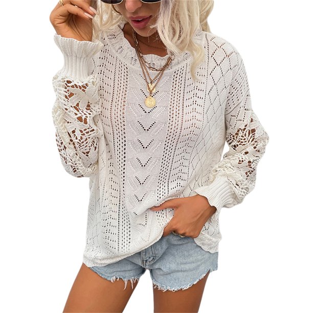 TRKIYQC suéter de punto informal de primavera y otoño para mujer, suéter hueco de manga larga con cuello redondo de Color sólido TRKIYQC moda