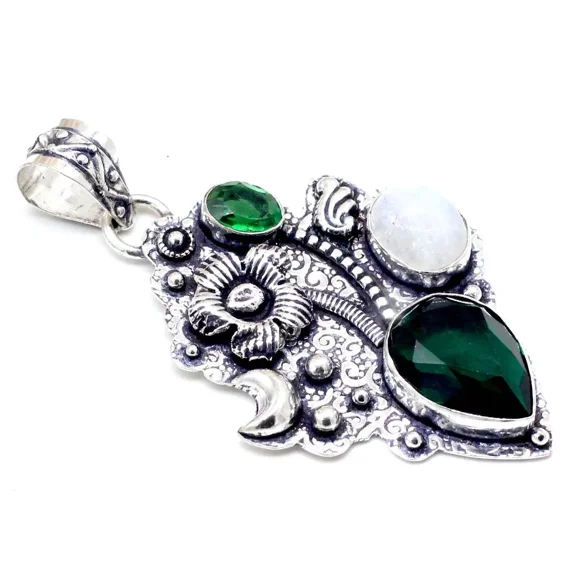925 Sterling Silver Moonstone & Chrome Gemstone Jewelry Pendant Size-2.10"