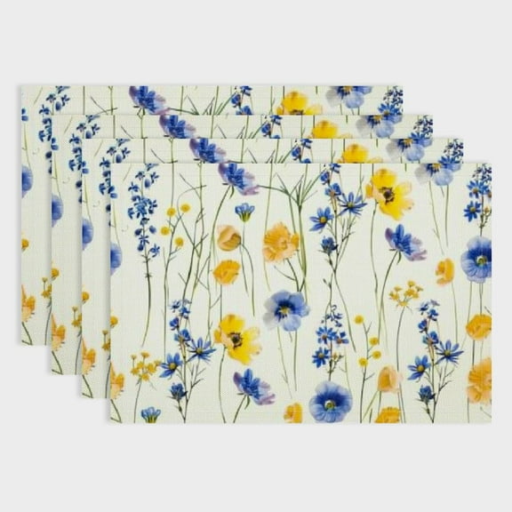 BCIIG Navy Blue Yellow Flower Placemats Set of 4 , Watercolor Floral Decorative Table Mats for Kitchen Dining Table Spring Summer Place Mats Heat Resistant Washable 18x12in