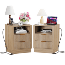 Set of 2 Oak Finish Nightstands with USB Charging Station, Fluted Bedside Tables with LED Lights, 2 Storage Drawers and Shelf, Light Brown Wood End Tables