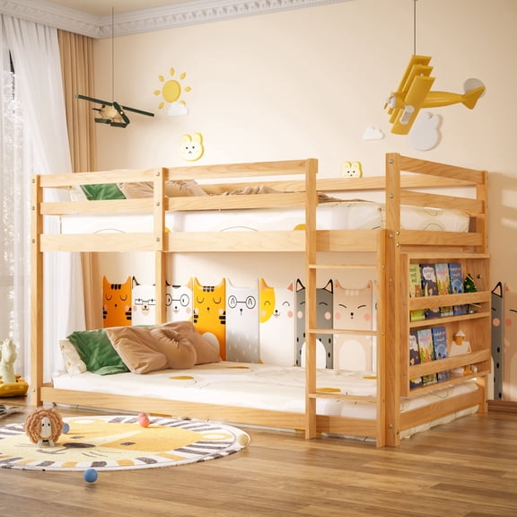 Guqiart Kids Twin Over Twin Low Bunk Bed, Wooden Floor Bunk Bed with Bookshelf, Ladder, Full Safety Guardrails for Bedroom