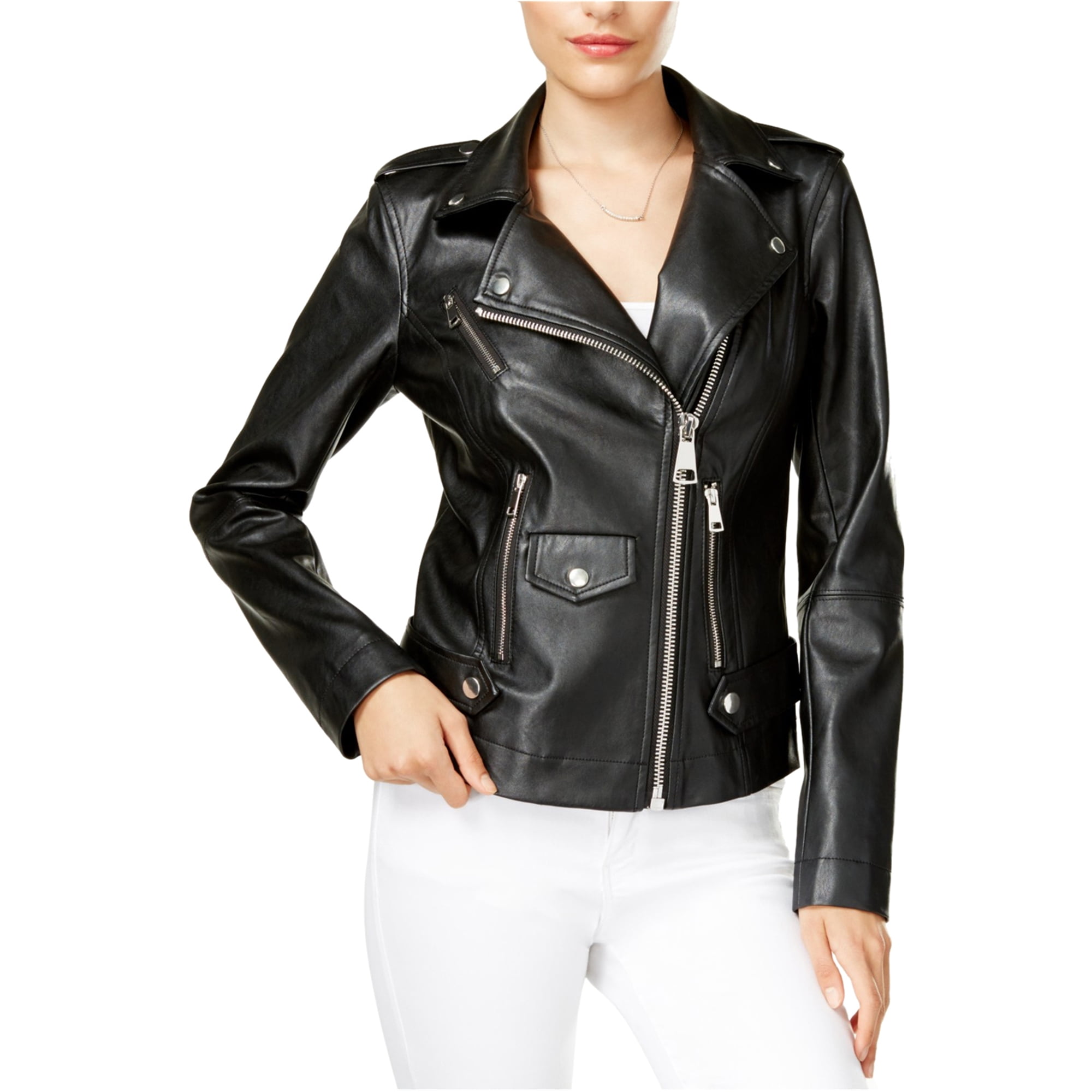 GUESS - GUESS Womens Faux-Leather Motorcycle Jacket jetblack M