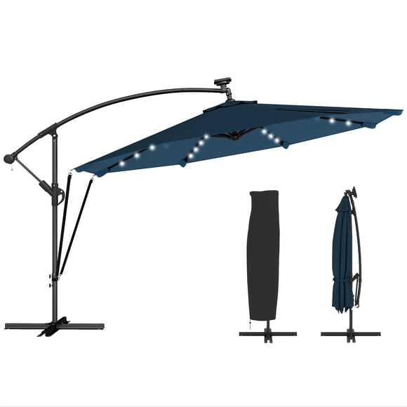 Outsunny 11.3ft Offset Cantilever Patio Umbrella w/ Light, Cover, Navy Blue