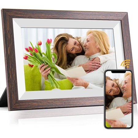Frameo-Digital-Picture Frame 10.1 Inch Electronic-Digital Photo Frame with IPS Touch Screen HD Display Smart WiFi Photos or Videos Farme via Free Frameo APP (Brown Wood Frame)