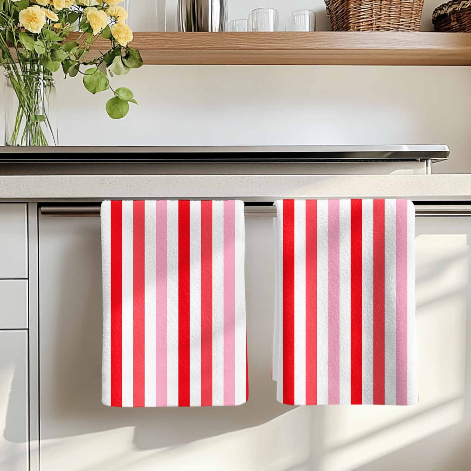 Dish Towels, Pink Red Stripes Absorbent Kitchen Towels 2 PCS, Lines Striped Microfiber Hand Towels Dish Cloths Tea Towels for Home&nbsp;Bathroom Cleaning Drying,18X28-Inch,