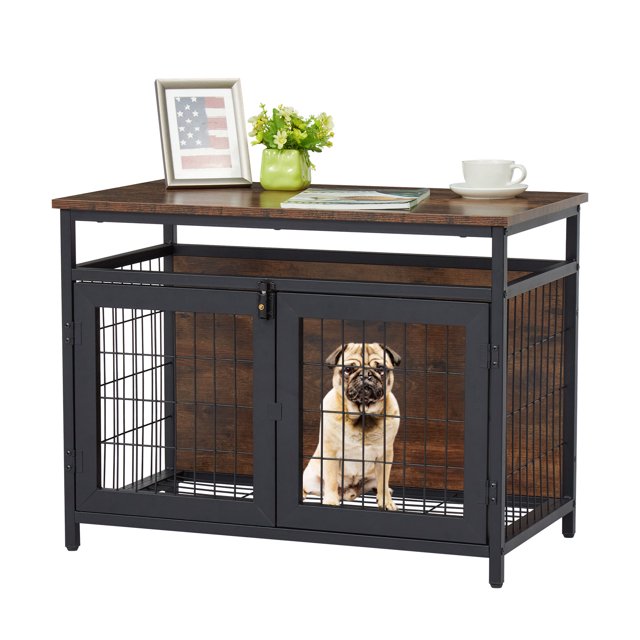 Kinbor Dog Crate Furniture with Double Doors, Pet Crate End Table for