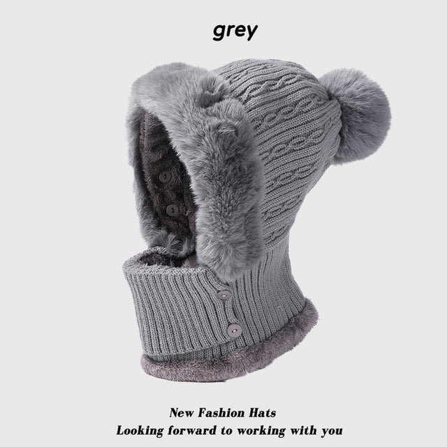 Heating & Warming Winter Knit Scarf Set Thick Lined Cap Ear Ski Hat with Pom for Cold Weather