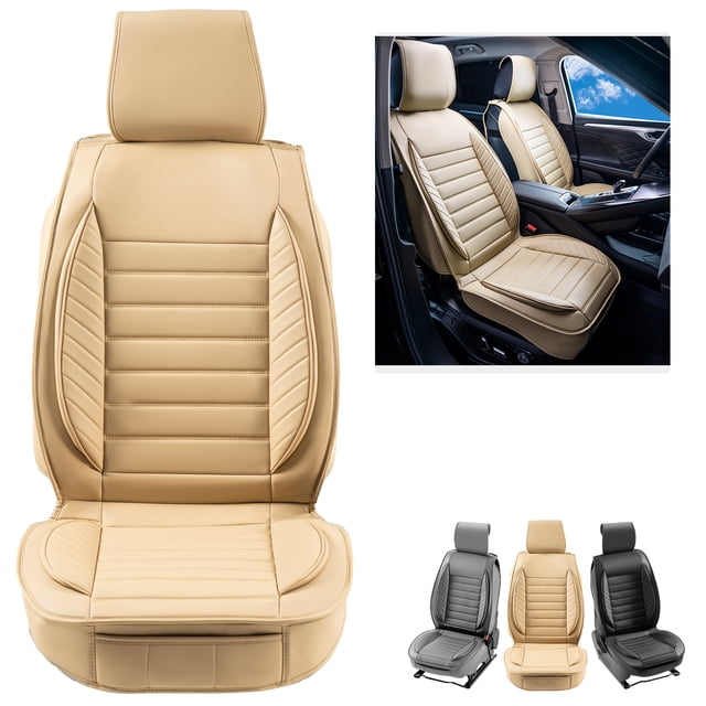 VEVOR Fundas de asiento universales para asientos delanteros, 2 fundas de asiento de piel sintetica, diseño semicerrado, reposacabezas desmontable y compatible con airbag, color beige