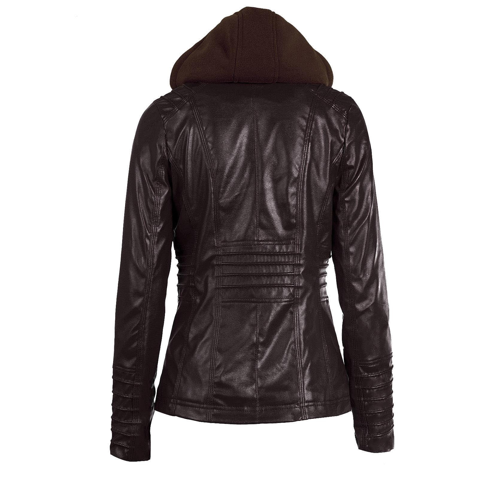 IROINNID Women's Faux Leather Jacket Hooded Long Sleeve Casual Biker Zip Up Jacket,Coffee