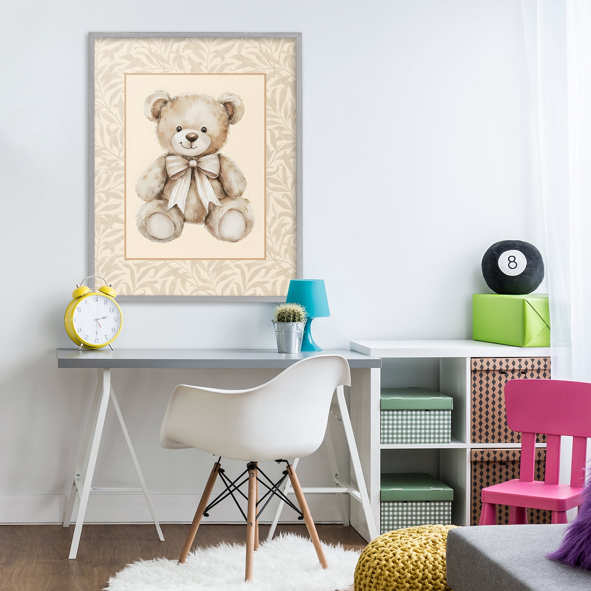 Stupell Industries Beige Teddy Bear and Border Gray Framed Giclee Art, design by LSR Design Studio