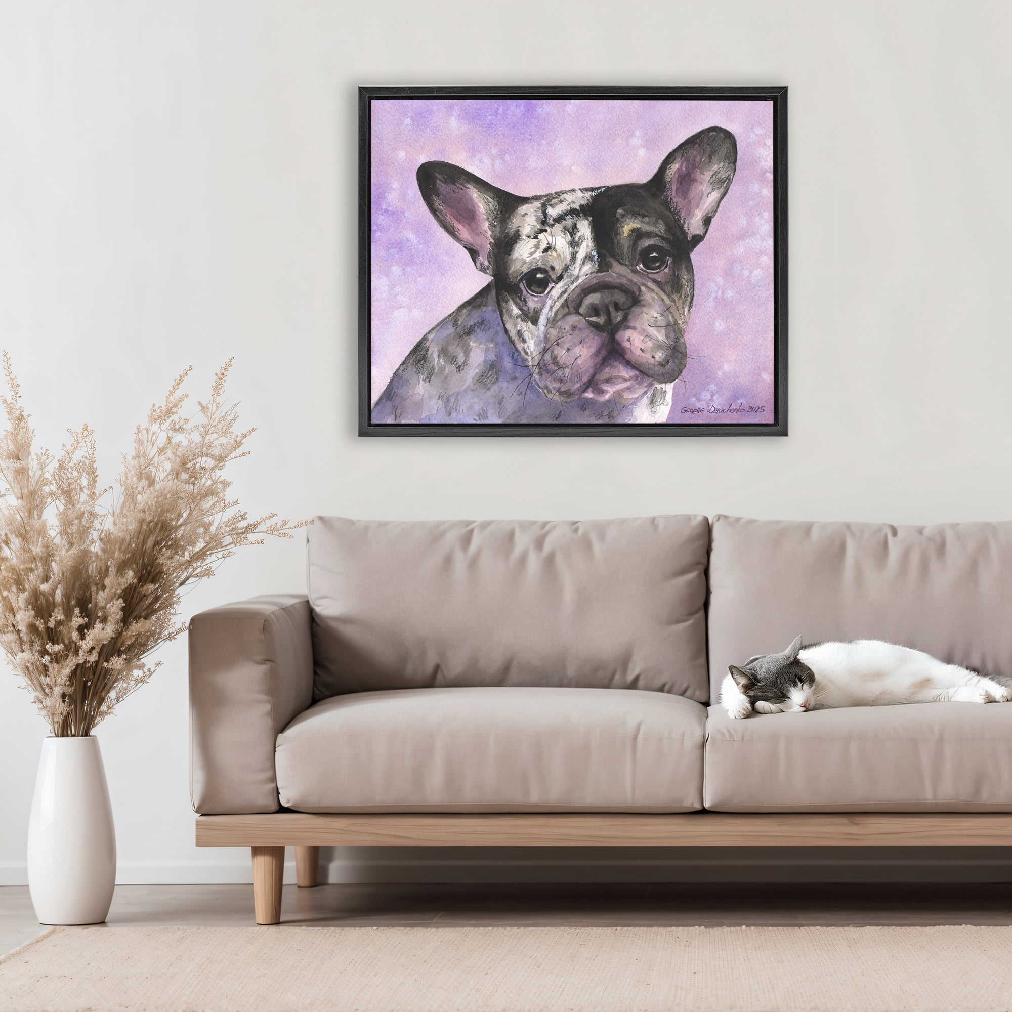 Stupell Industries Harlequin French Bulldog Black Framed Floater Canvas Wall Art, design by George Dyachenko
