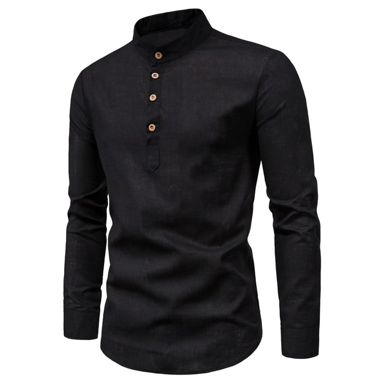 Mens Shirts Men's Casual Cotton And Linen Solid Color Stand-Up Collar  Long-Sleeved Shirt flannel shirt for men