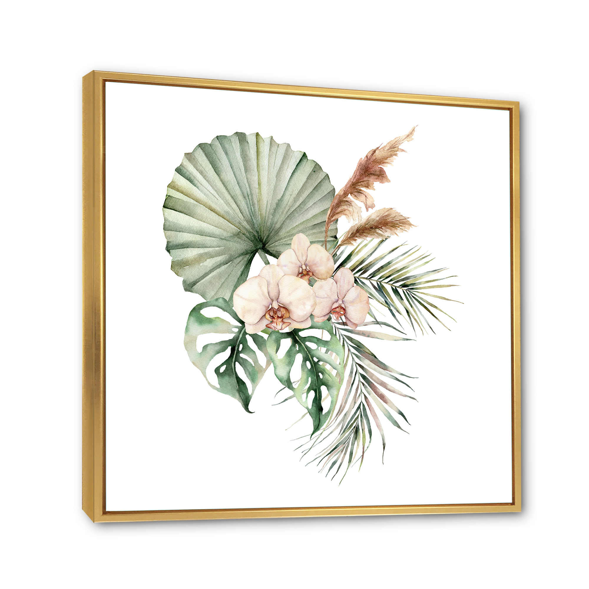 Designart 'Tropical Bouquet With Palm Orchids Leaves' Traditional Framed Canvas Wall Art Print