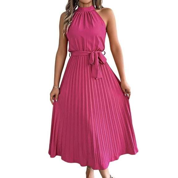 Women'S 2025 Summer Sleeveless Halter Neck Pleated Midi Cocktail Dresses A Line Flowy Beach Sun Dress Rose Red M