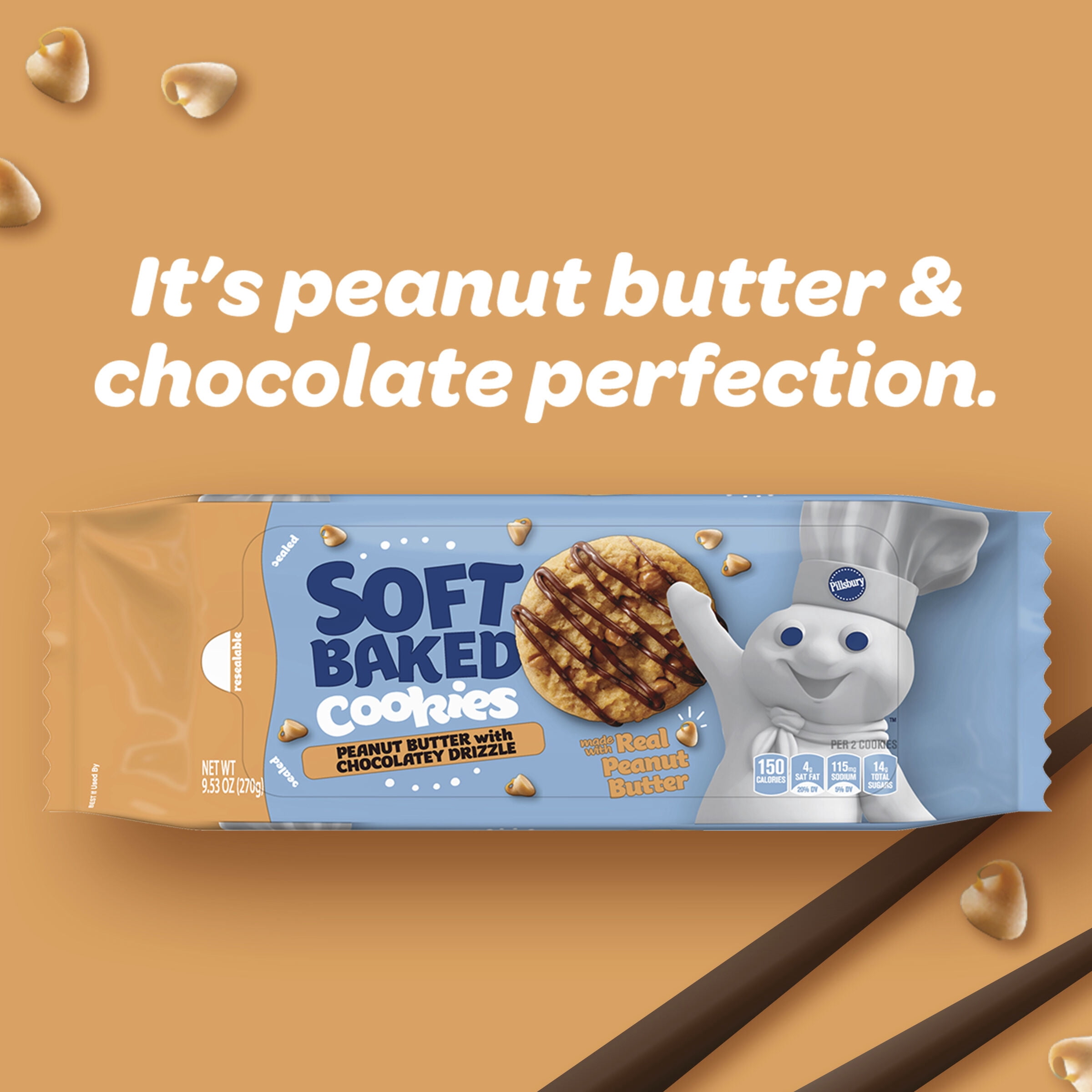 Pillsbury Soft Baked Cookies, Peanut Butter with Chocolatey Drizzle, 18 ct