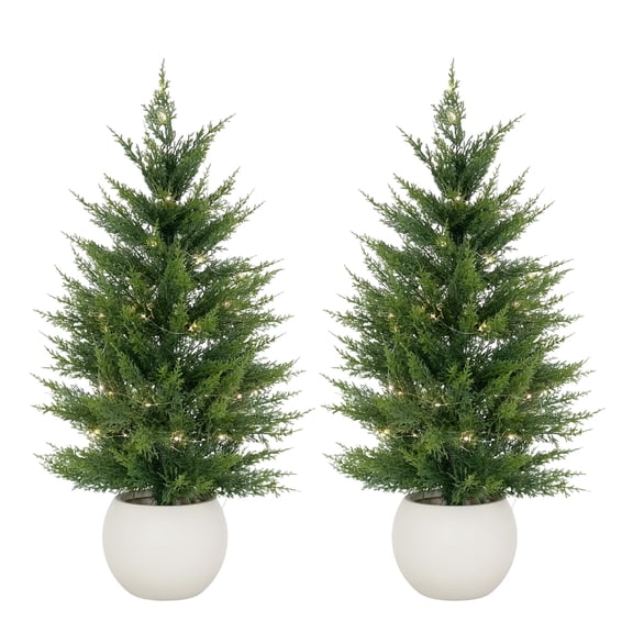 Ataucjin Artificial Cedar Topiary Tree Set with LED Lights, Pre-Potted Faux Plants for Indoor and Outdoor Home Decor