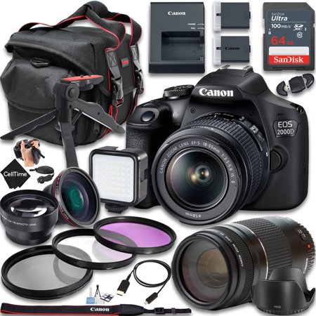 Canon EOS 2000D / Rebel T7 DSLR Camera With EF-S 18-55mm f/3.5-5.6 IS II And EF 75-300mm f/4-5.6 III Lens + 64 GB Memory + Extra Battery + LED Light + More (28pc Bundle)