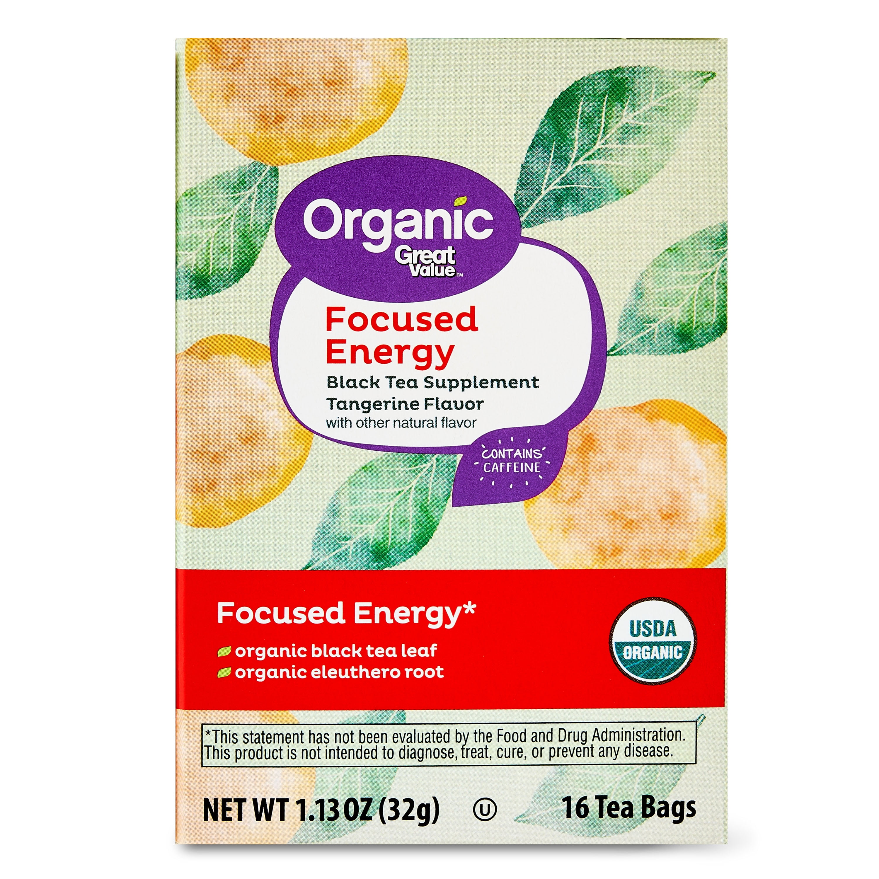 Great Value Organic Focused Energy Black Tea Supplement, 1.13 oz, 16 Count