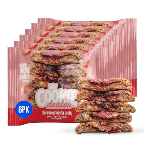 My Cookie Dealer Galletas proteicas, masa tostadora de fresa (paquete de 6, galleta de 4 oz) - 18 g de proteína por galleta (hecha con proteína nutricional cruda) - Bocadillos de viaje envueltos indiv