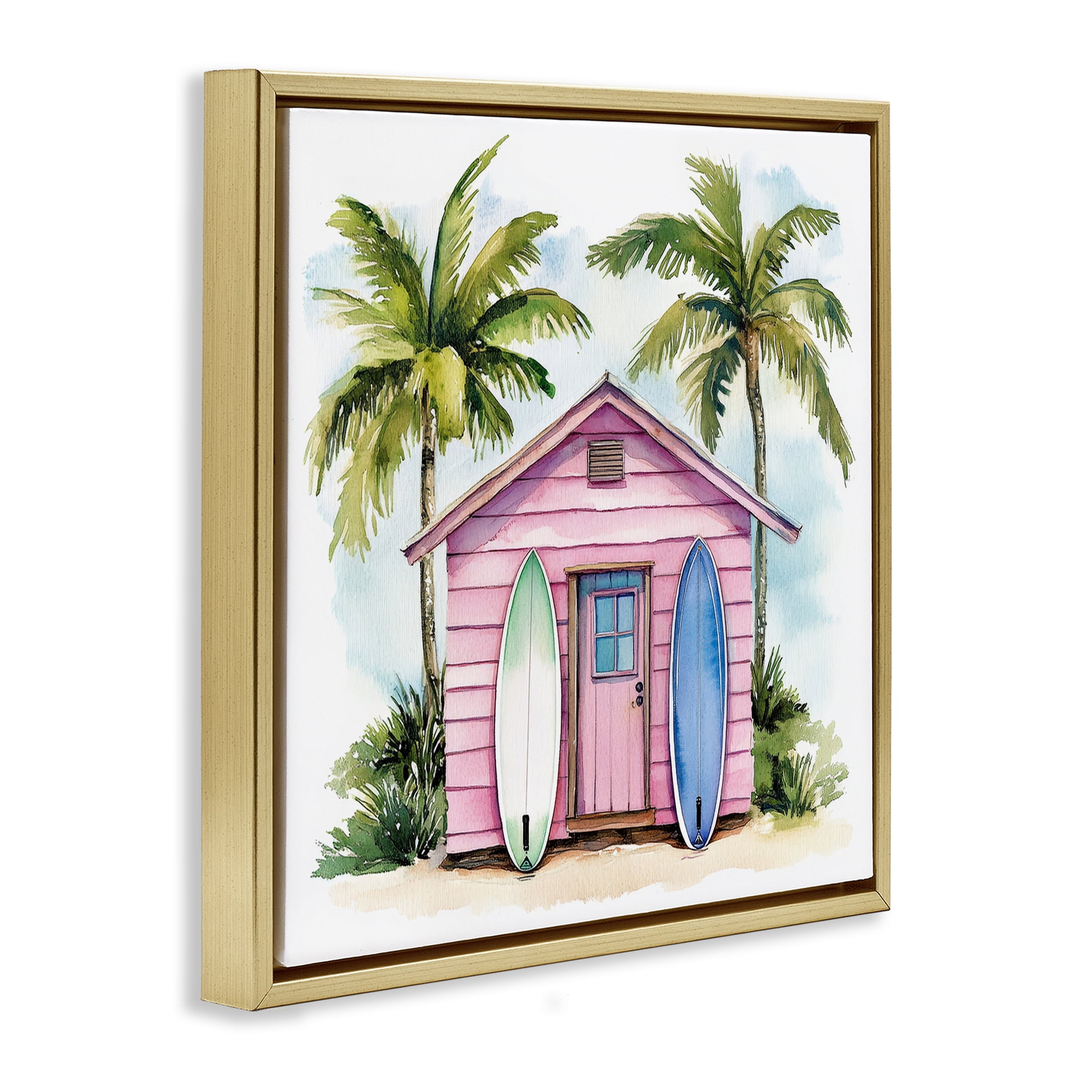Stupell Industries Surf Shack Under Palms Gold Framed Floater Canvas Wall Art, design by Petal Prints Design
