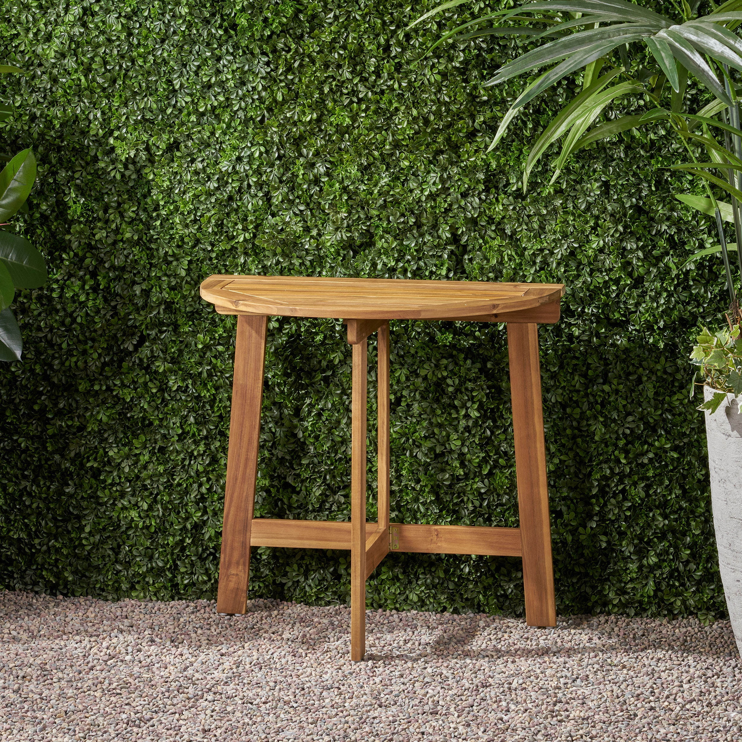 Outdoor Half Round Folding Bistro Table, Acacia Wood Desktop for Patio Balcony, Natural