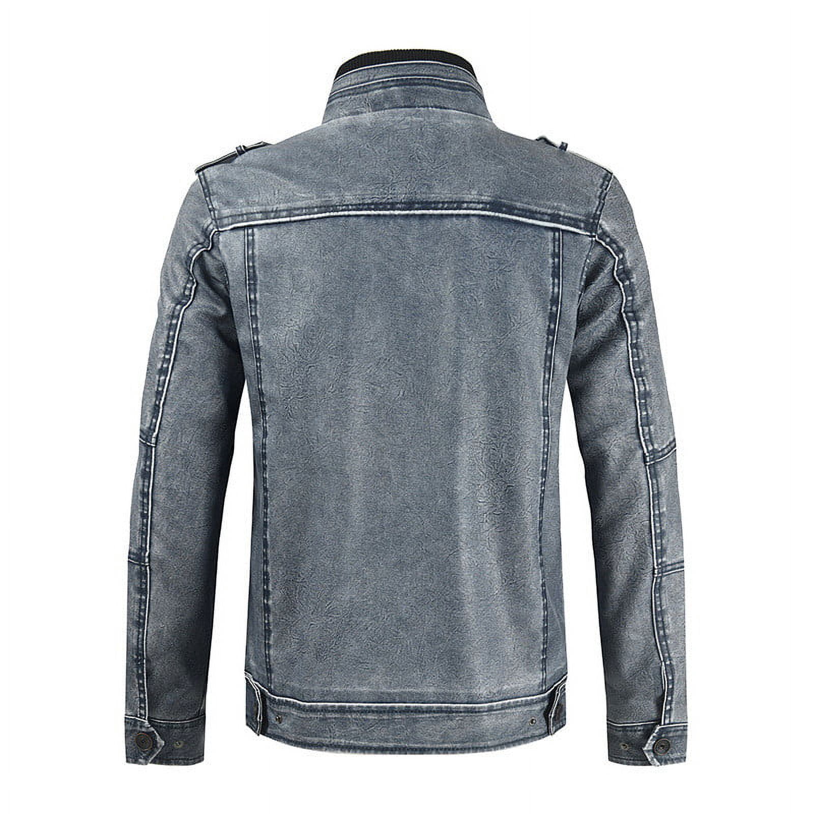 Homenesgenics Men's Leather Jacket Coats Men's Fashion Casual Thick Leather Coat Long Sleeve Stand Collar Zipper Pocket Leather Coat Warm Windproof Coat Clearance