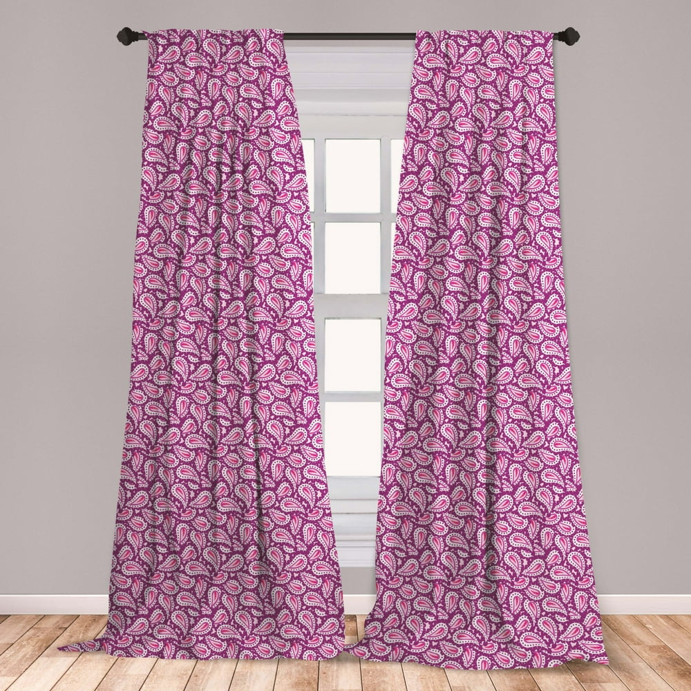 Magenta Curtains 2 Panels Set, Middle Eastern Paisley Pattern Medieval