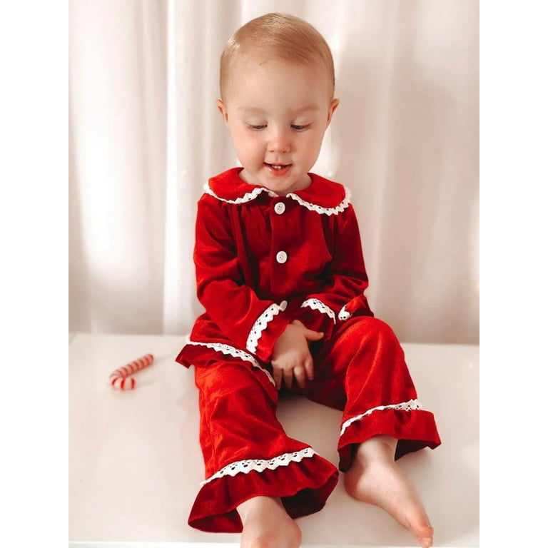 wybzd Toddler Baby Girl Christmas Velvet Pajamas Set Long Sleeve Lace  Patchwork Button Down Tops+Pants Red 3-4 Years