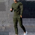 thumbnail image 2 of Lovskoo Men's Track Suits 2 Piece Set Round Neck Solid Color T-Shirt Set Sports Long Sleeve Hooded Casual Outwear & Jackets Sets Olive Green, 2 of 7