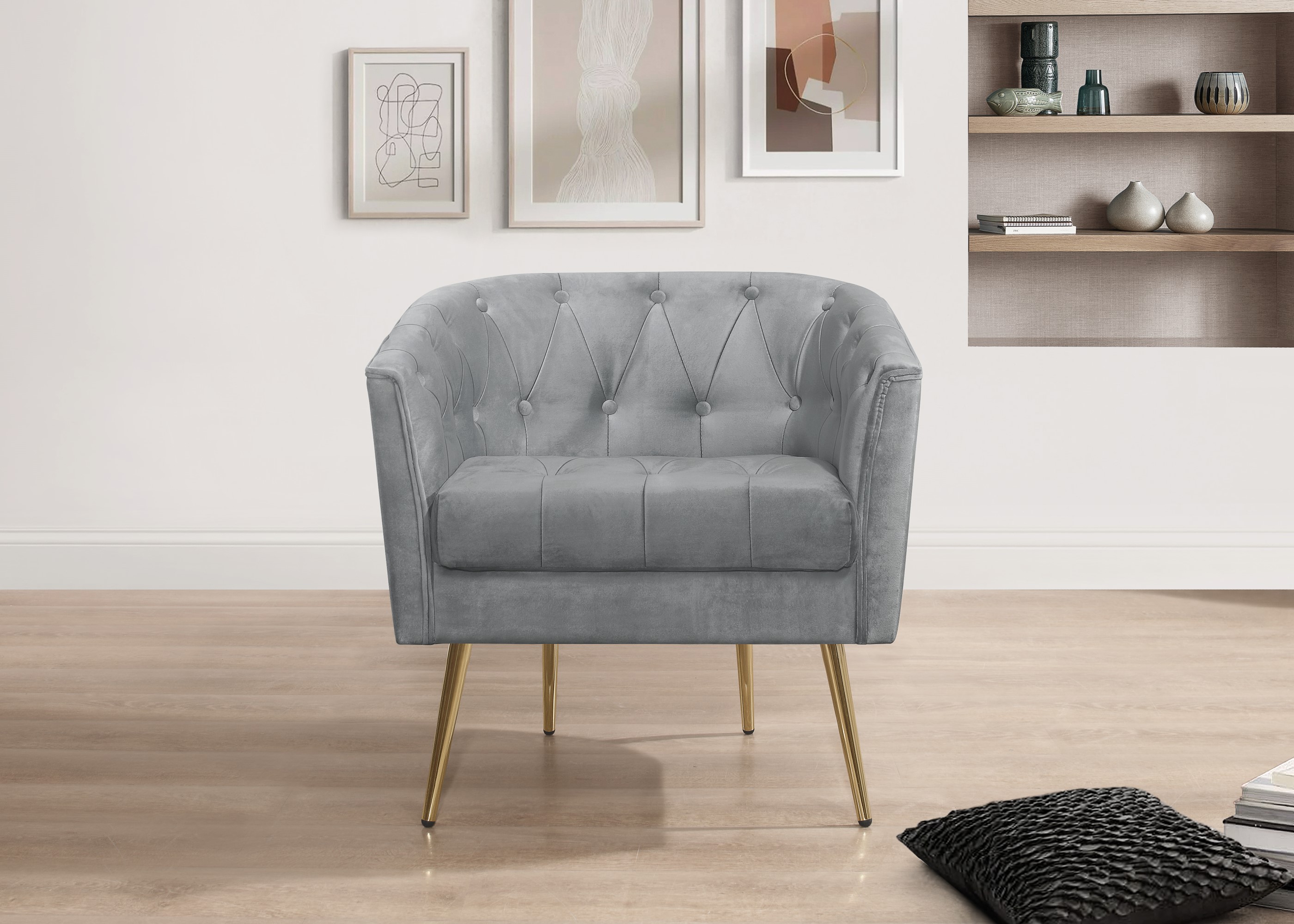 Home Design Cassy Tufted Velvet Flared Arm Chair with Ottoman Stool, Gold Metal Legs and Modern Accent Seating