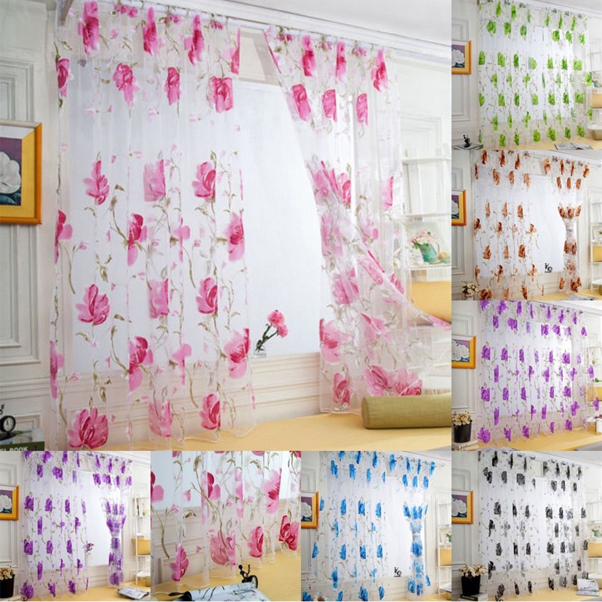 Valances Floral Tulle Voile Home Window Curtain Drape Panel Sheer Wedding Decor 