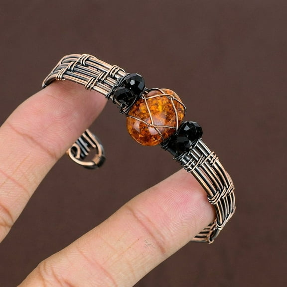 Natural Baltic Amber Handmade Copper Wire Wrap Cuff Bangle Adjustable