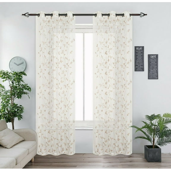 Kate Aurora Floral Embroidered Grommet Top Semi Sheer Voile Window Curtain Panel Pair - Linen