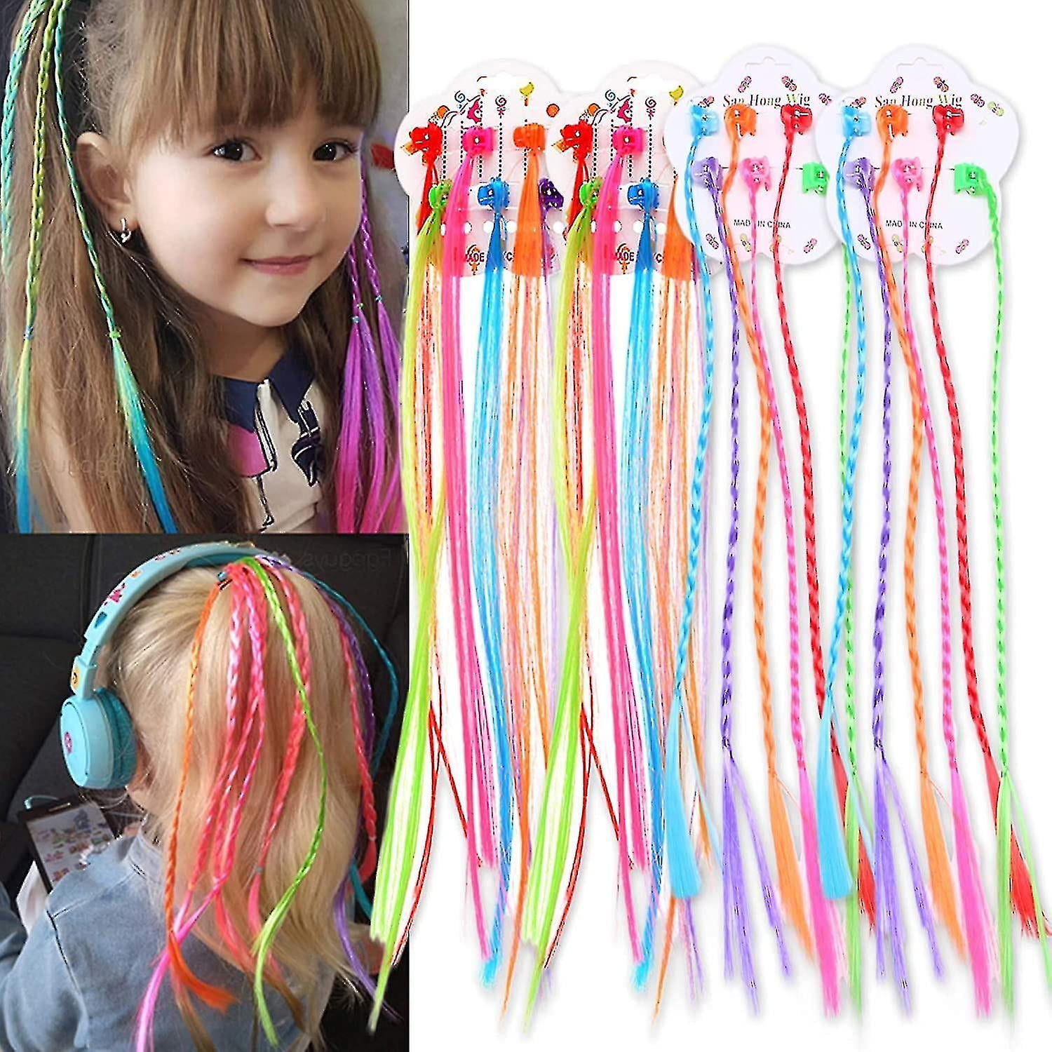 24 Pcs Kids Hair Extensions With Hair Clips, Clip-on Neon Hair