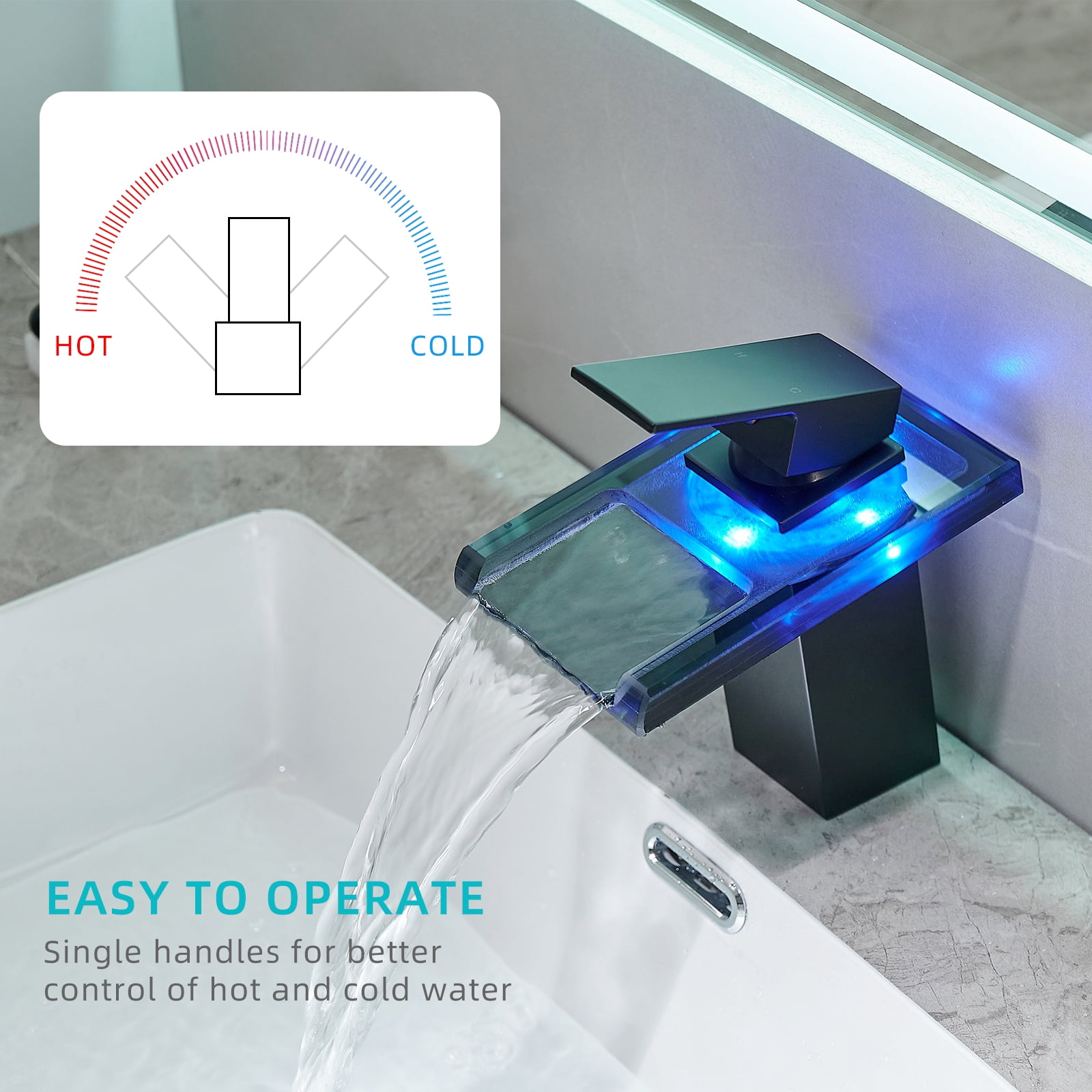 Bathroom Sink Faucet Replacement Bathroom Sink Faucet LED Light 3 Colors Changing Waterfall Glass Spout Hot Cold Water Mixer Single Handle One Hole Deck Mounted Bathroom Faucet Black Lavatory Vanity