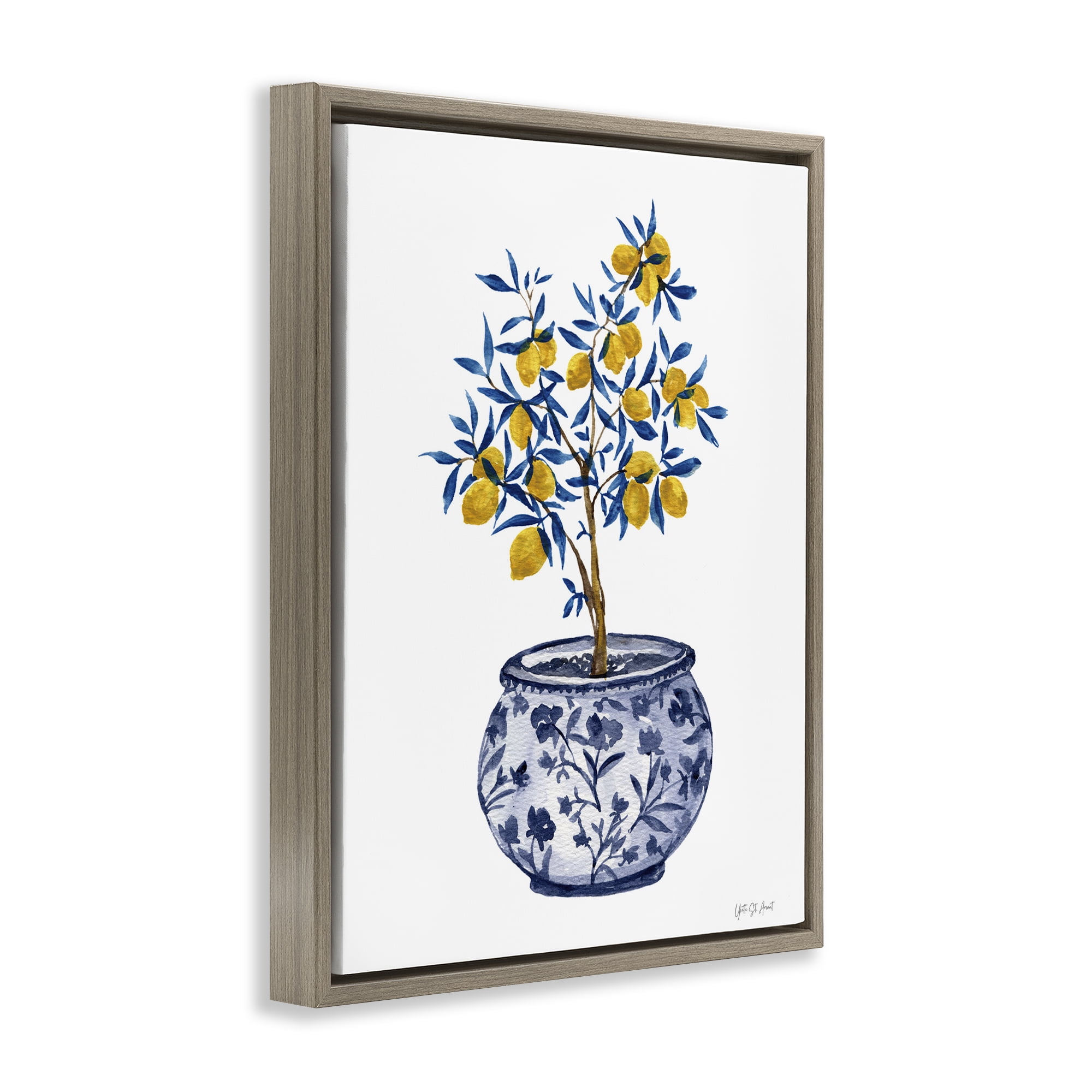 Stupell Industries Lemon Tree in Chinoiserie Food & Beverage Painting Brown Floater Framed Art Print Wall Art, 17 x 21