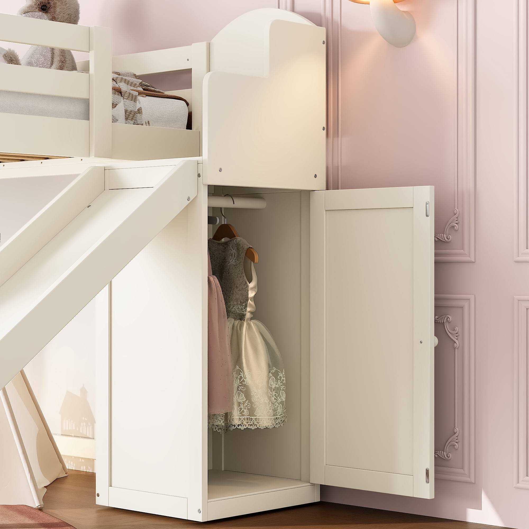 Leumius Twin Loft Bed with Storage Stairs, Slide & Built-in Wardrobe, Stylish High Guardrail, Wood Loft Bed Frame for Bedroom,Dorms,Guests Beige