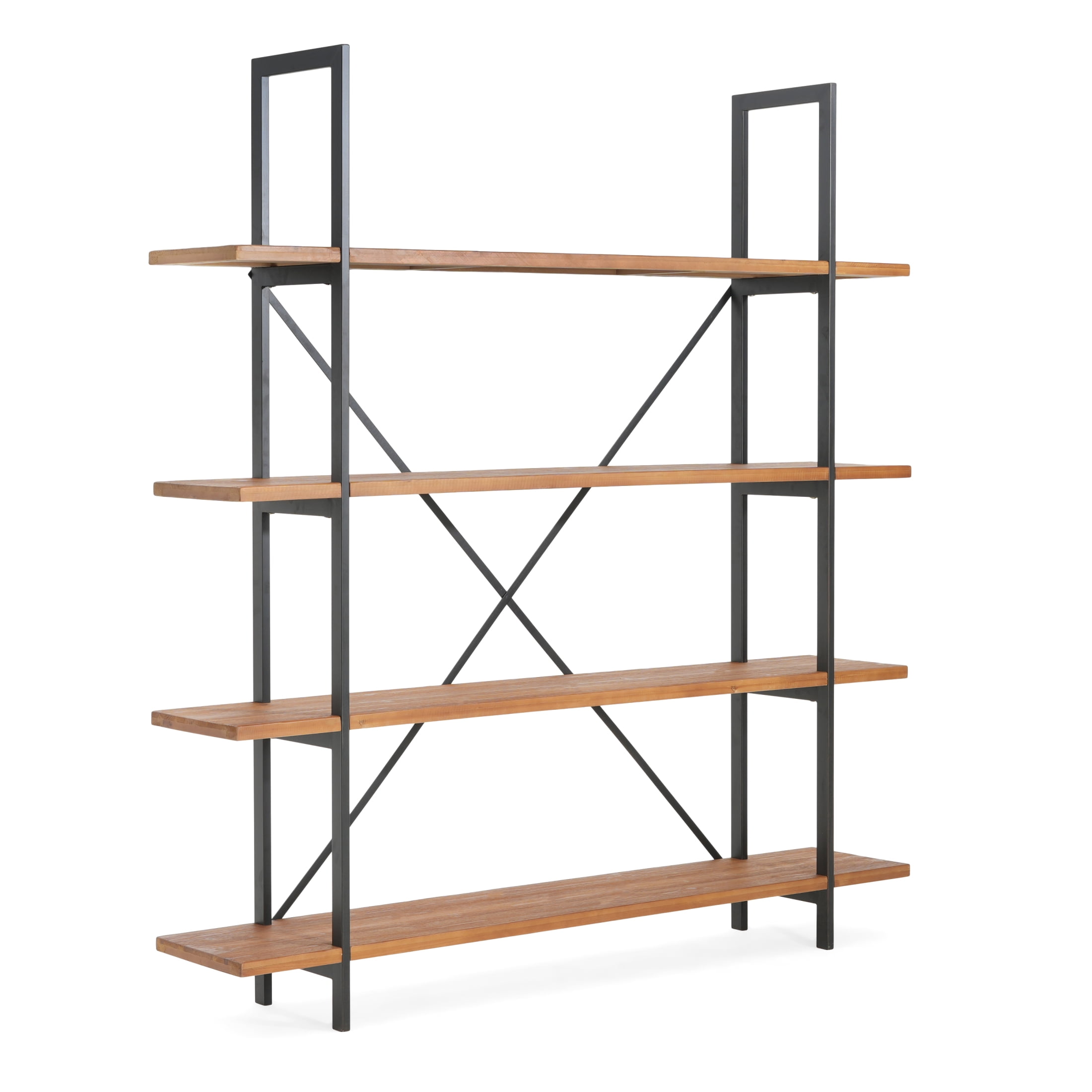 Christopher Knight Home Industrial Iron Bookcase with Solid Wood Shelves and X-Frame in Antique Black Finish