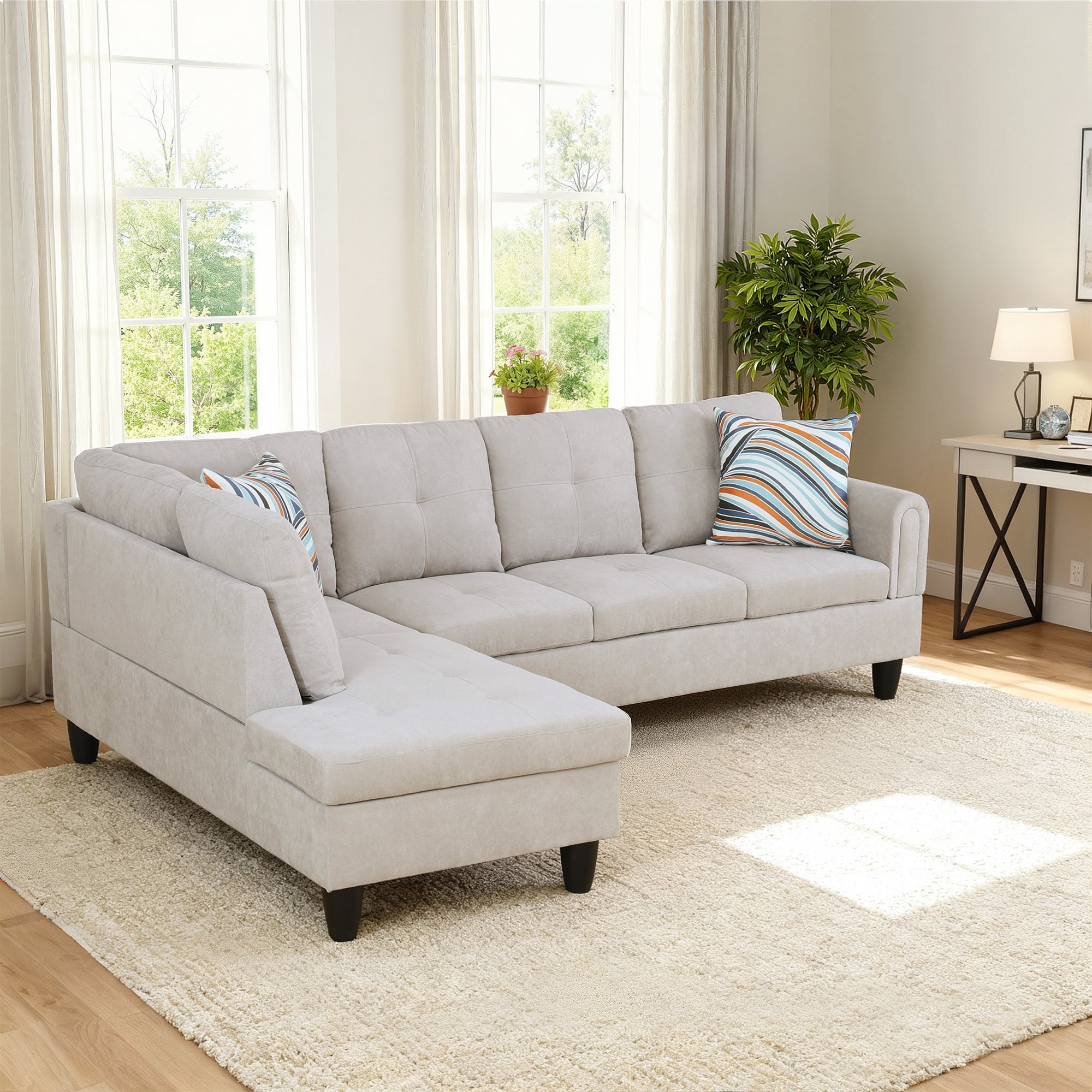 MAYEERTY 97" Sectional Sofa Fluffy Fabric Modular Couches with Reversible Chaise without Ottoman, Light Grey(Left)