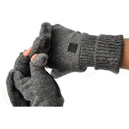 Finger Assault Gloves - Mens Fingerless Suede Palm Ragg Wool Mitten Gloves w/ Finger & Thumb Pullover (L/XL, Charcoal)