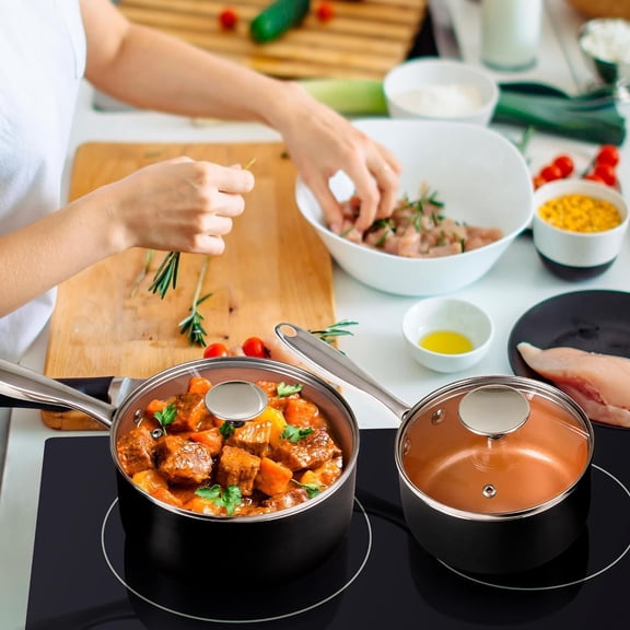 Sauce Pan with Lid, 1Qt & 2Qt & 3Qt Sauce Pan Set, Ceramic Saucepans with Lids, Copper Small Pots, Nonstick Saucepan Set, Oven Safe