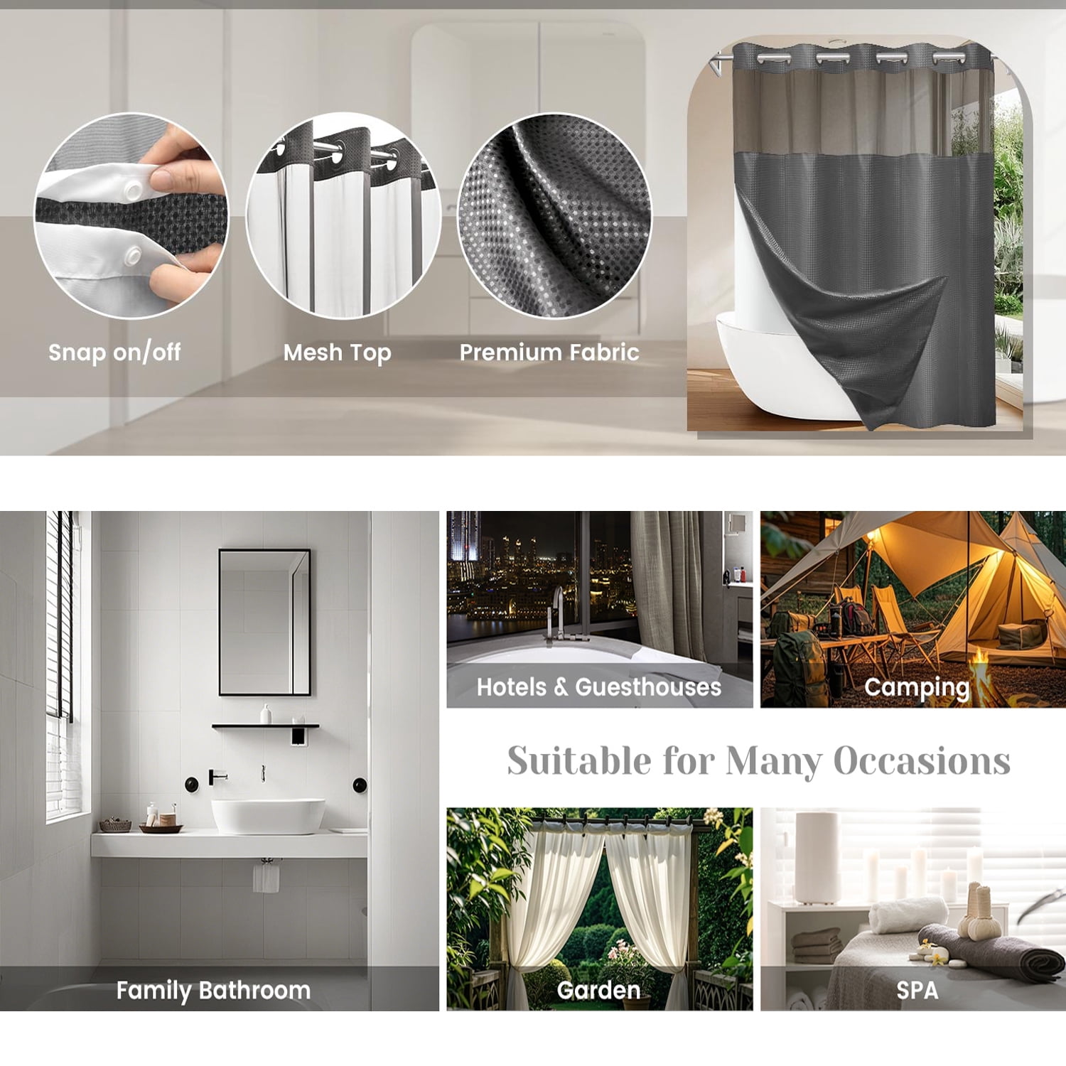 Waffle Weave Hookless Shower Curtain with Snap in Liner, DawnJoanHD Dark Grey Polyester Fabric Shower Curtains with See Through Top Window, 71" x 74"