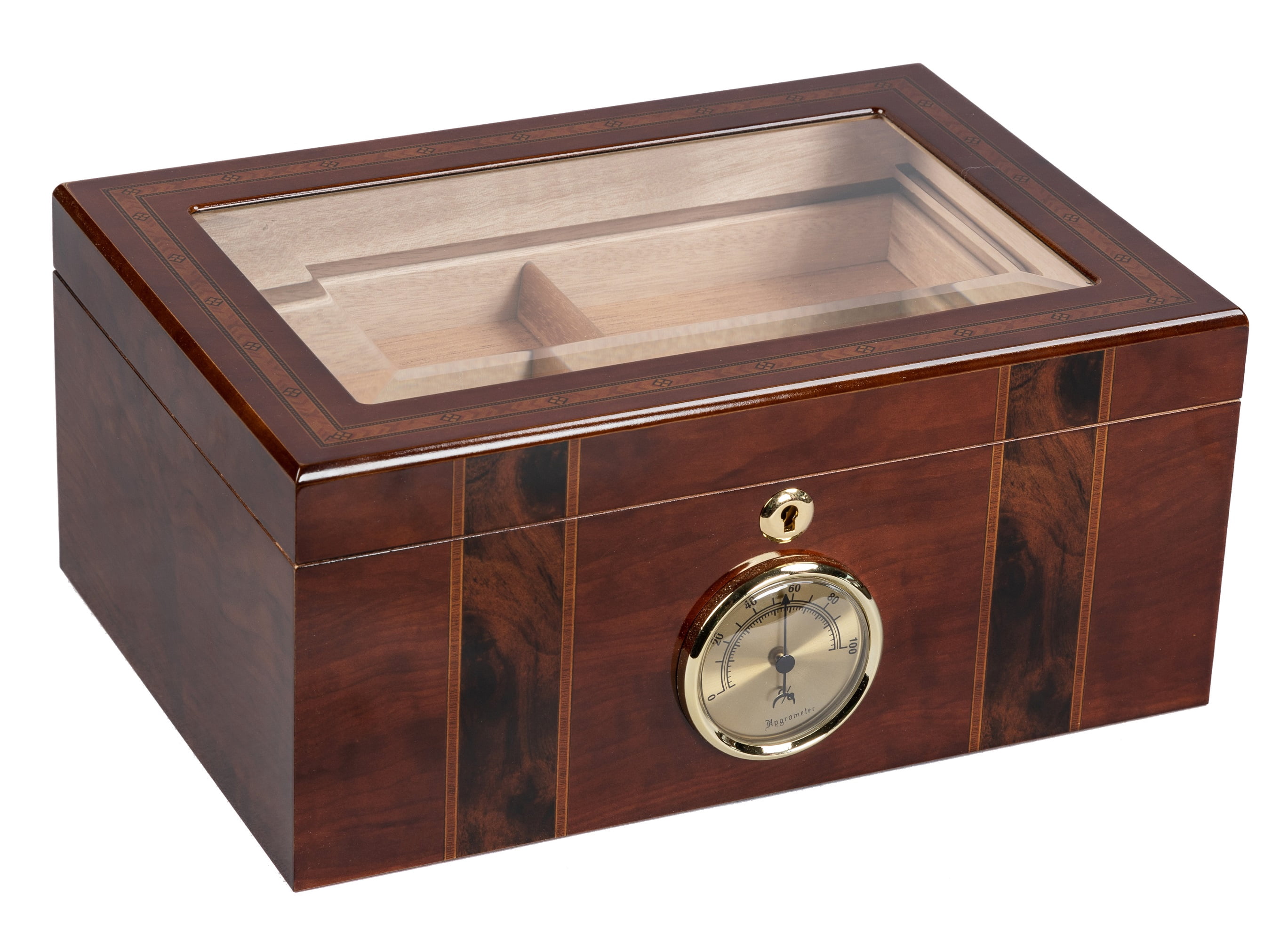 Ambassador Beveled Glass Top Cigar Humidor - High Gloss Dark Mahogany Finish - Capacity: 100