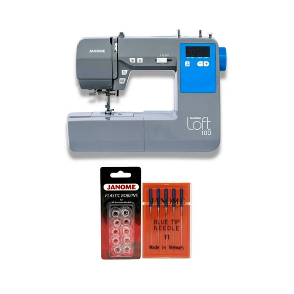 Janome Loft 100 Computerized Sewing Machine with 100 Stitches Bundle with Needles and Plastic Bobbins (16 Items)